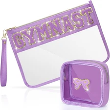 2 Pcs Gymnastics Gifts Cosmetic Makeup Bag with Chenille Letter Patch, Clear ...
