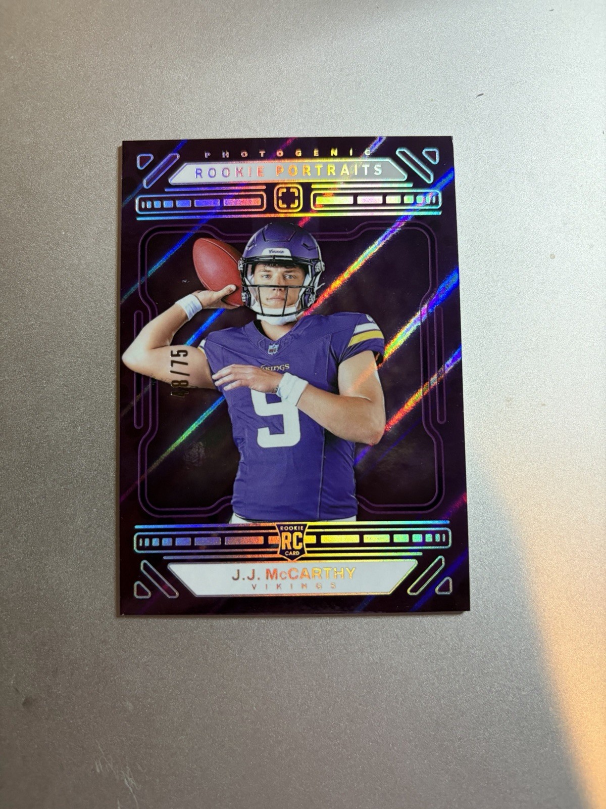 2024 Panini Photogenic J.J. McCarthy RC Purple Rookie Portrait /75 Vikings