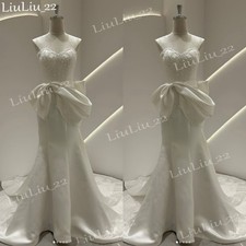 Satin Mermaid Wedding Dresses Strapless With Bow Sweep Train Lace Bridal Gowns