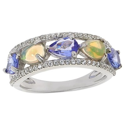 Colleen Lopez Sterling Silver Opal, Tanzanite, & White Zircon Band Ring, Size 8