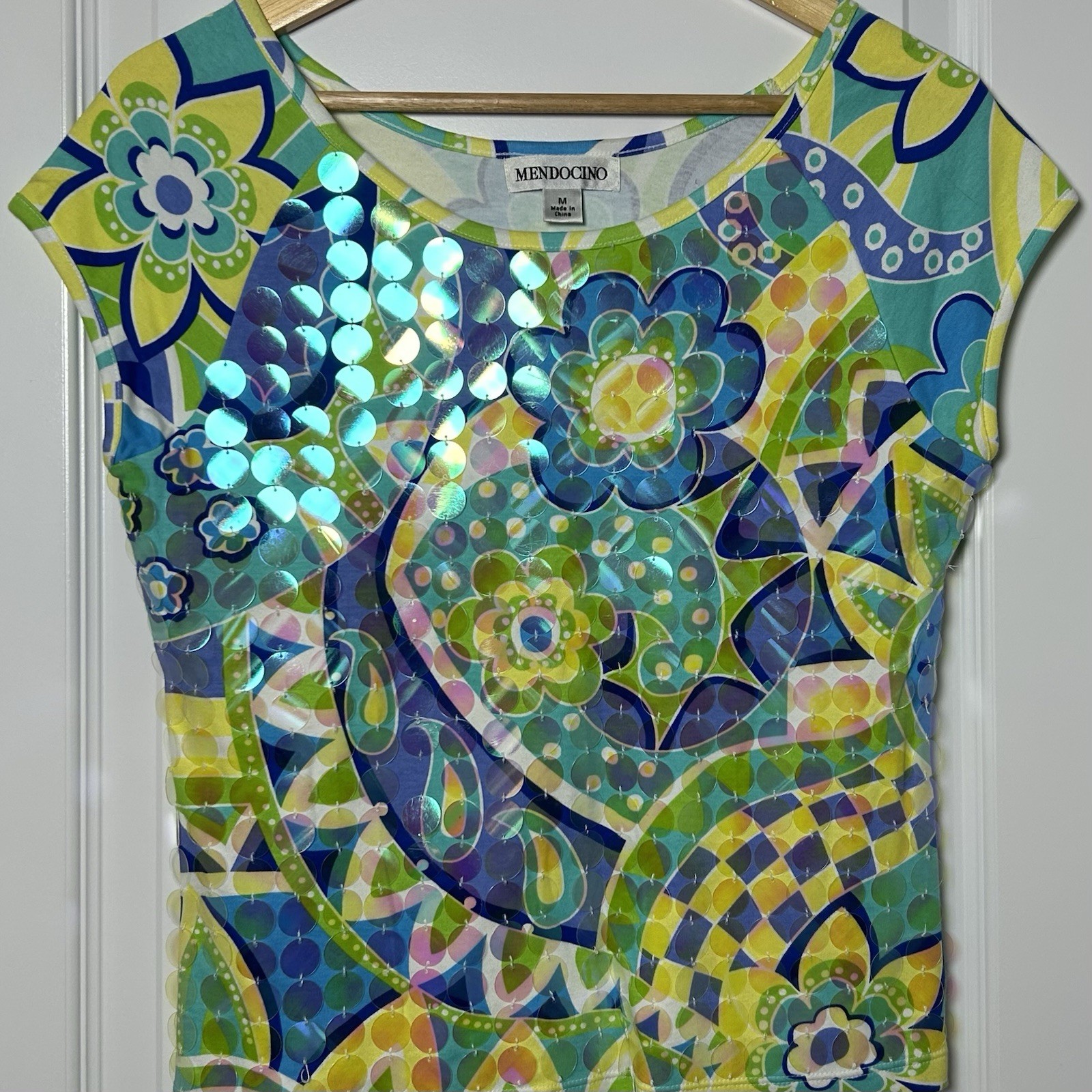 Mendocino Vintage Y2K Psychedelic Pucci Inspired Iridescent Paillette Sequin Top