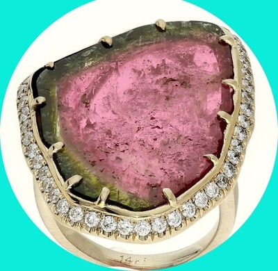 Sylva & Cie Diamond Watermelon Tourmaline Slice Ring .86CT G Color 14K Size 7.75
