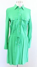 NWT Lauren Ralph Lauren Solid Green Long Sleeve Drawstring Tie Shirt DRess Sz 2