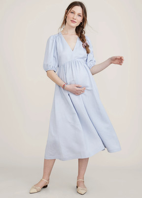Hatch Maternity Women's THE NIKKI DRESS Breeze Blue Linen/Viscose $258 NEW