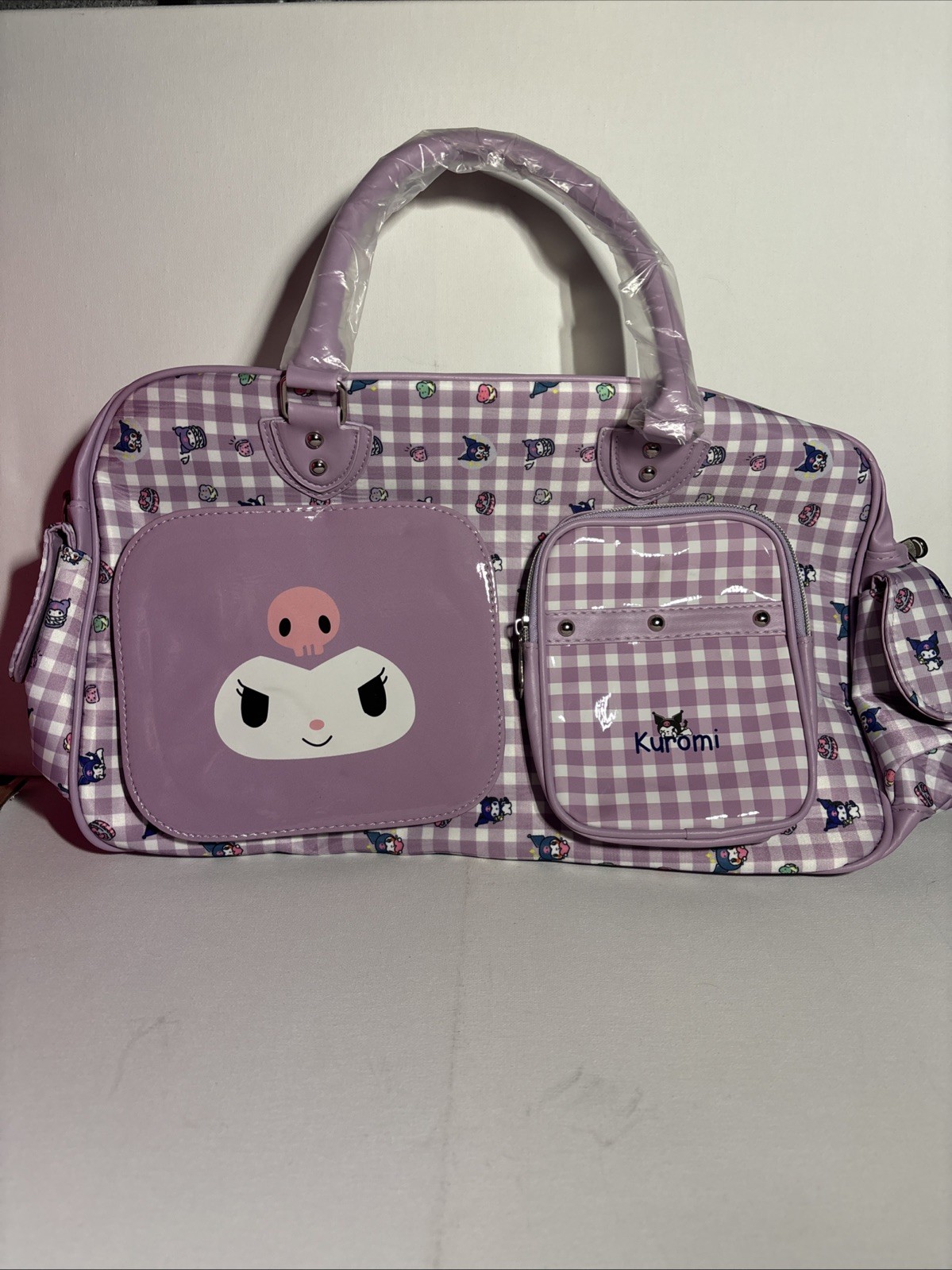 Sanrio Kuromi Purple Gingham Duffle Bag Overnight Travel Tote Cute Anime Bag