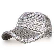 Women Men Studded Rhinestone Crystals Adjustable Ponytail Mesh Baseball Cap S...