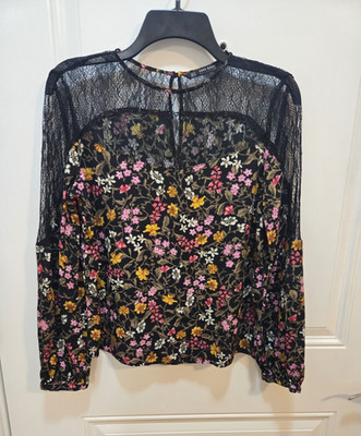 ZARA BASIC Floral Lace Sheer Yoke Button Long Sleeve Blouse Black/Multicolor S