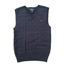 Vtg Polo Ralph Lauren Sweater Vest Youth M 10-12 Blue V Neck Cable Knit Red Pony