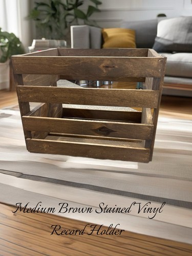 Rustic Wooden Vinyl Record Storage Crate – Medium Stained LP Holder - Imagen 2 de 9