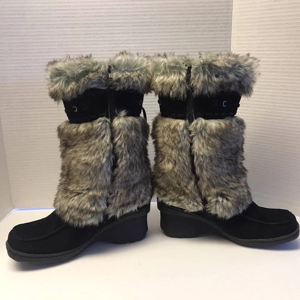 Baretraps Size 7M Wedge Black Suede Leather Faux Fur Kneehigh Boots - Image 3 of 4