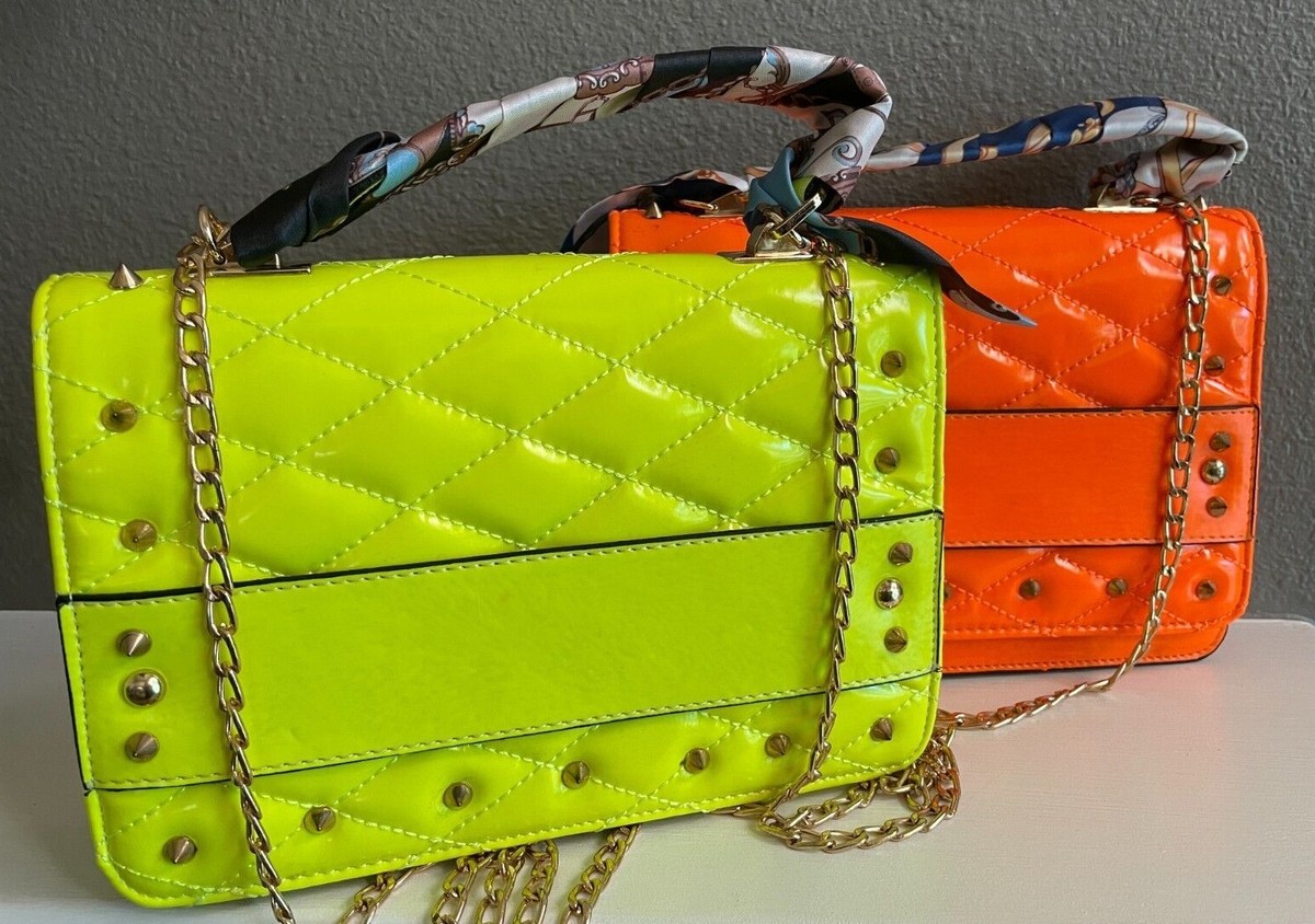 Quilted Magnet-Lock Chain Neon Cross Body Shoulder Bag, Silk