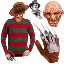 HERREN NEU FREDDY KRUGER HALLOWEEN KOSTÜM ROT/GRÜN GESTREIFT PULLOVER HUT HANDSCHUHE