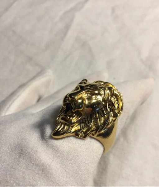 Alternate view of Solid Men's Angry Wolf Face Ring 14k Yellow Gold Plated Silver Free Stud