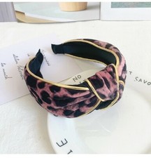Hot-Fashion Retro Knotted Leopard Skin Fabric With Gold Trim Wide Headband-Pink