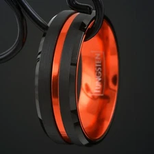 Black Tungsten Carbide Thin Orange Line Band Ring Coast Guard Search & Rescue