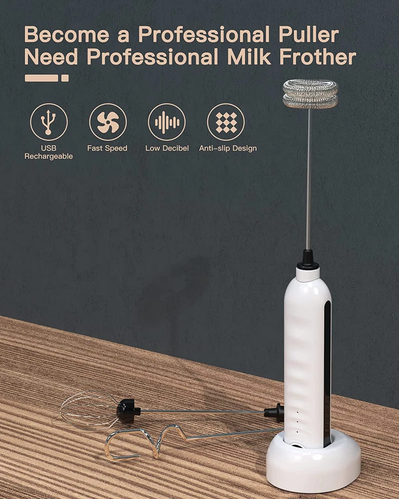 Milk Frother Handheld, USB Rechargeable Milk Foam Maker with 3 Stainless Whisks,