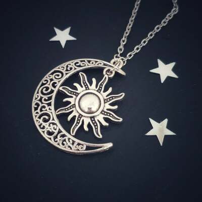 CELESTIAL SUN CRESCENT MOON pendant 20'' Sterling plated Silver 925 necklace gift