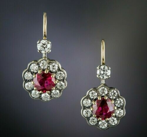 Vintage Round Lab Created Ruby Drop Dangle Earring's 14k Yellow Gold ...