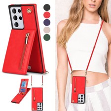 Crossbody PU Leather Card Holder Zipper Wallet Bag Phone Case Cover For Phones
