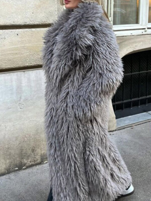 American Style Womens Lapel Collar Super Long Coat Faux Tibet sheep fur Overcoat