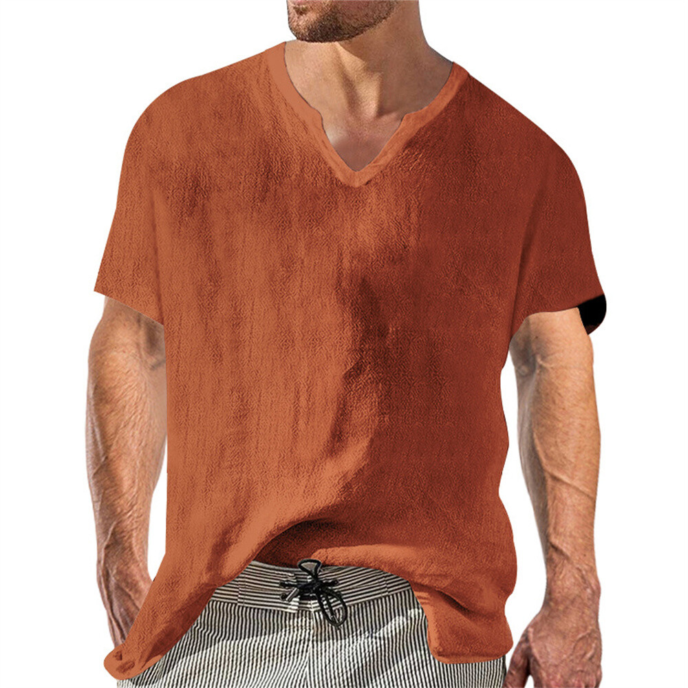 Men Casual Solid Color Linen T Shirts Blouse Fashion Male Cotton and