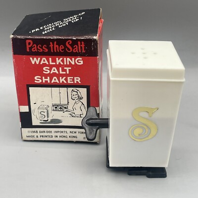 Vintage Dan Dee Walking Salt Shaker White 1968 Spring Wind Up Mechanical