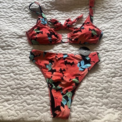 NWT Lulus Catch Some Waves Black Multi Floral High-Cut Bikini Bottoms Size M