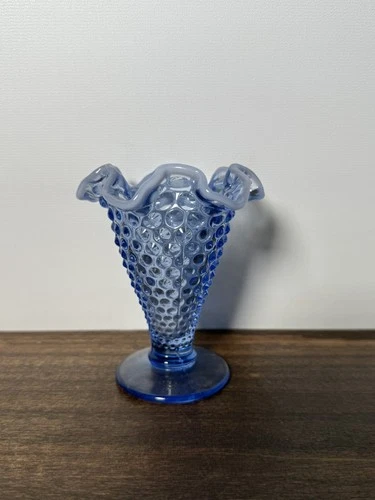 Fenton 4” Blue Hobnail Fluted Ruffled Opalescent Footed Vase Vintage.     A1
