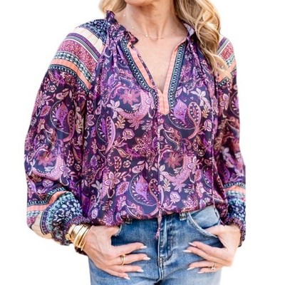 Current Air Rayn Multicolor Satin Paisley Print Split Neck Blouse Size S NWT
