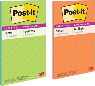 Super Sticky Lined Notes 5x8 Memo Pads Self Stick Office School Pack