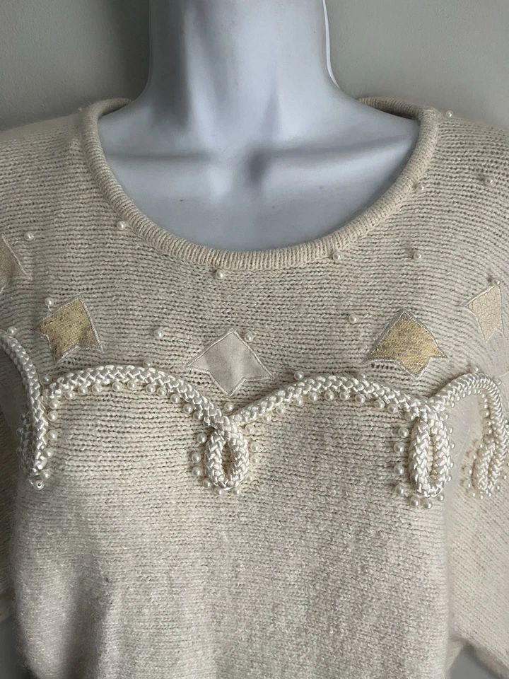 De Colección Cedros Para Mujer Beige/Perla Lana Seda Acogedor Adornado Dolman Suéter L Foto 2 de 4