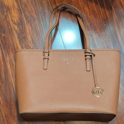 Michael Kors Brown Tote Bag MK Logo Charm Double Handles Gold Hardware