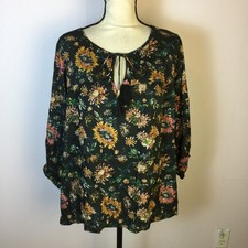 NWT Natural Life Blouse Top Sz L Womans Black Floral Tie Neck Peasant 3/4 Sleeve