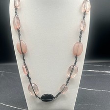 Vintage 90s Black Cord Necklace Pink Oval Faceted Glass Beads Knotted Jewellery