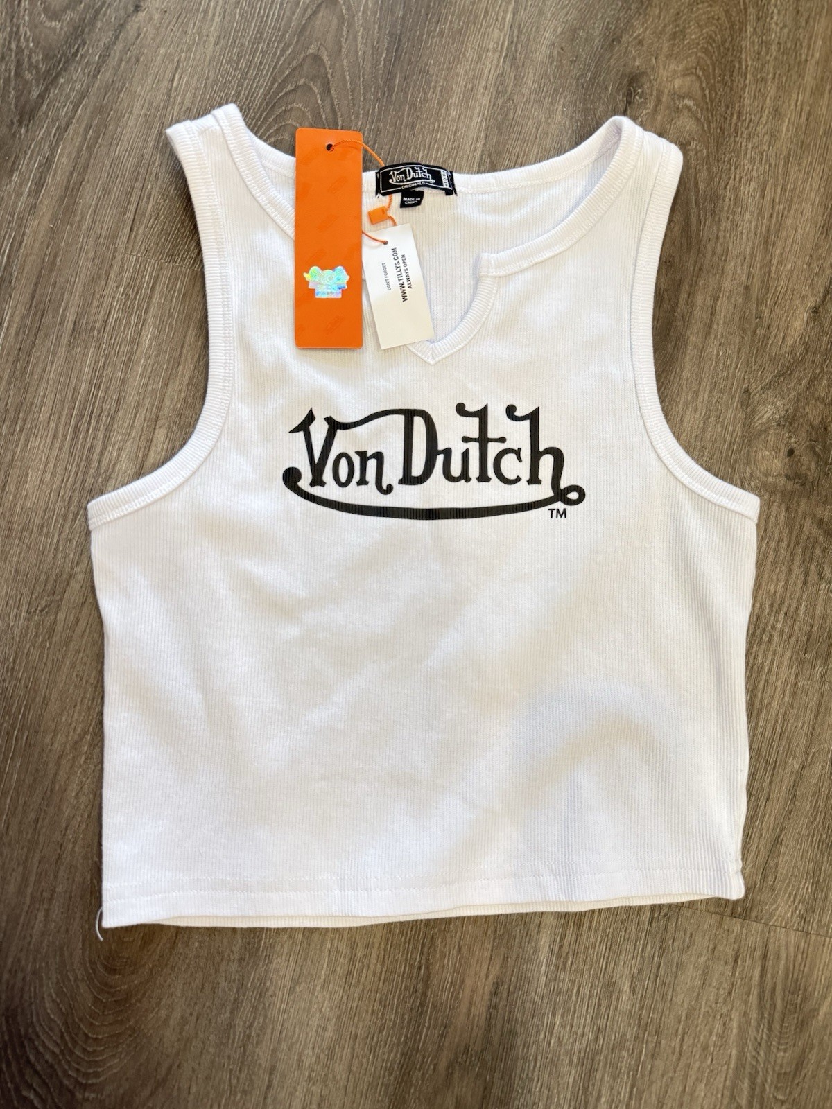 Von Dutch Tank Womens Medium White Black Ribbed Crop Top Shirt Beater Y2K NEW