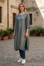 Indian Traditional Set Gold Blue Floral Cotton A-line Kurta with Pants Handmade