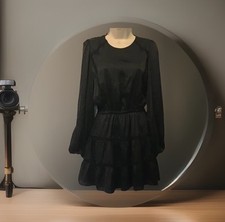 New Zara Size Medium Black Silky Feel Tiered Cut Out Lace Fit Flare Dress