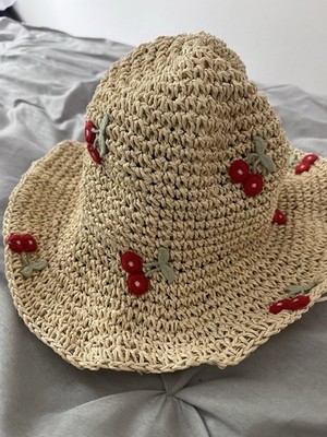 Embroidered Cherrries Straw  Sun Hat
