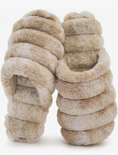 Women s Beige Faux Fur Open Toe Slide Slippers Non-Slip Rubber Sole 7.5