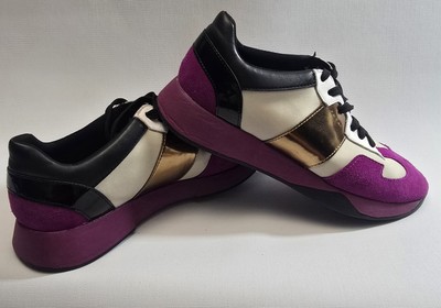 Sz 9 GEOX RESPIRA Women's Low-Top Sneakers Natural Leather Purple and Gold RARE 
