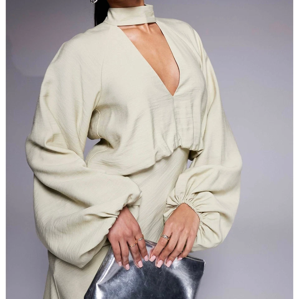 NWOT Asos Designs Size 12 High Neck Plunge Maxi Dress Blouson Sleeves Soft Green — 第 3/4 张图片