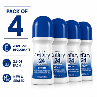 Avon On Duty 24 Hour Sport Roll-On Deodorant 2.6 oz Lot of 4 New Sealed
