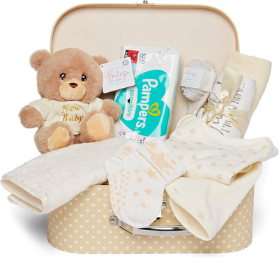 - Premium Babypartykorb, Andenkenbox mit New Born Baby Essentials & Teddy