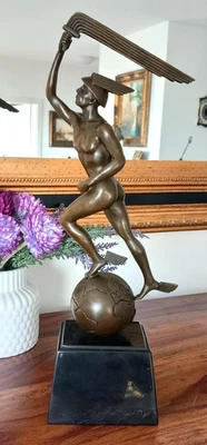 Hermes Bronze Figur Merkur Skulptur Mythologie Statue Götterbote Art Deco Antik  - Bild 1 von 4