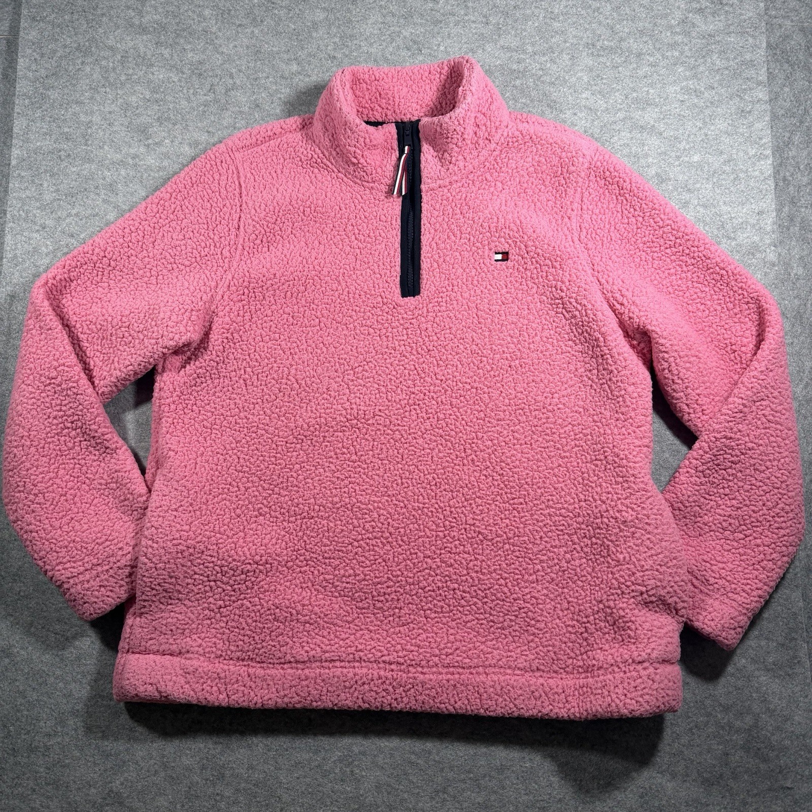 Tommy Hilfiger Sherpa Fleece Womens XL Pink 1/4 Zip Pullover Jacket Pockets SOFT