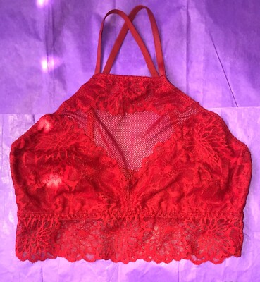 Victorias Secret PINK Floral Lace Long High Neck Halter Bralette Bra Red Small S