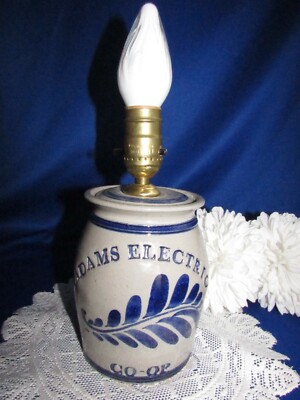 VTG HANDMADE ART POTTERY STONEWARE CROCK ADAMS ELECTRIC CO.TABLE DESK LAMP 9 ¼  