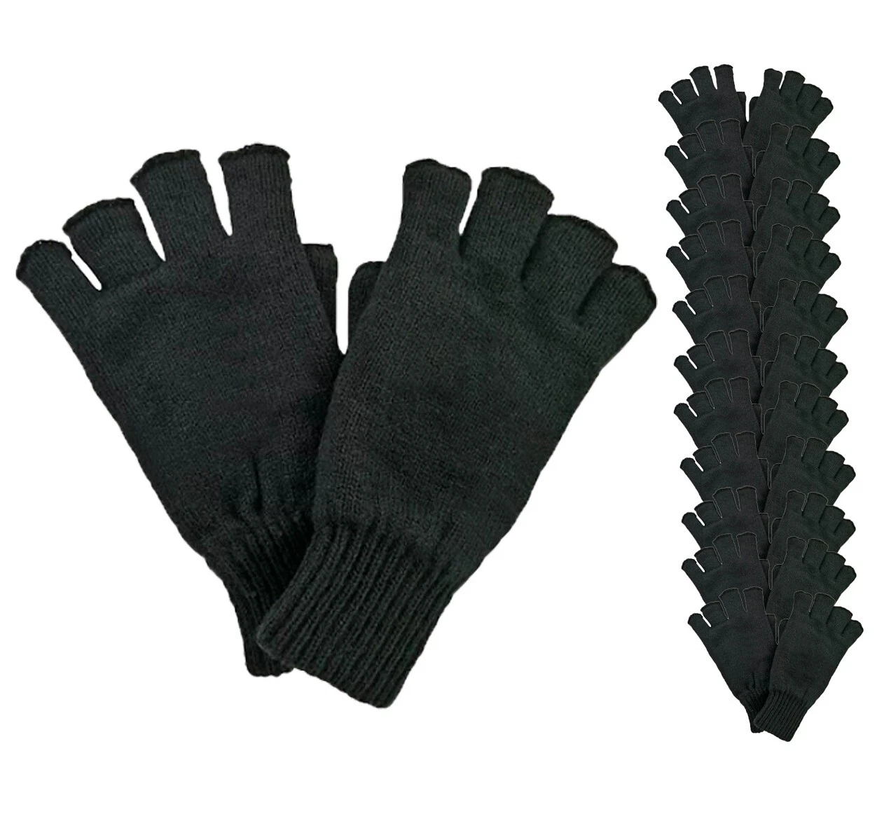 Knitted Half Finger Gloves Winter Warm Stretch Fingerless Black Gloves 12 Pack