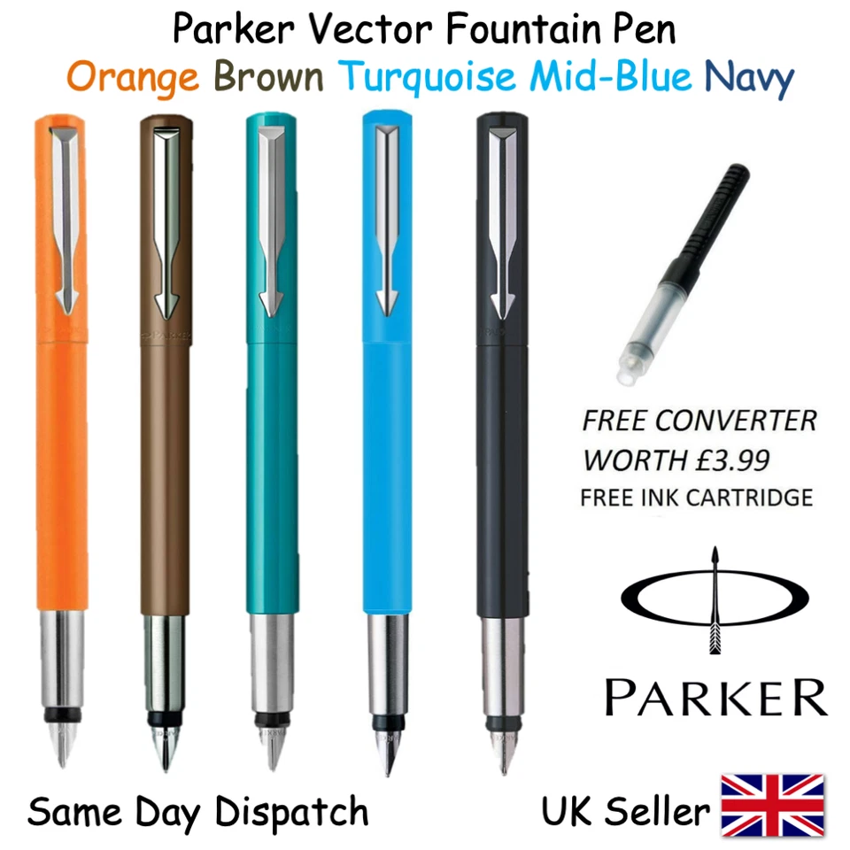 GENIUNE PARKER VECTOR FOUNTAIN PEN NAVY BLUE ORANGE BROWN TURQUOISE FREE GIFTBOX