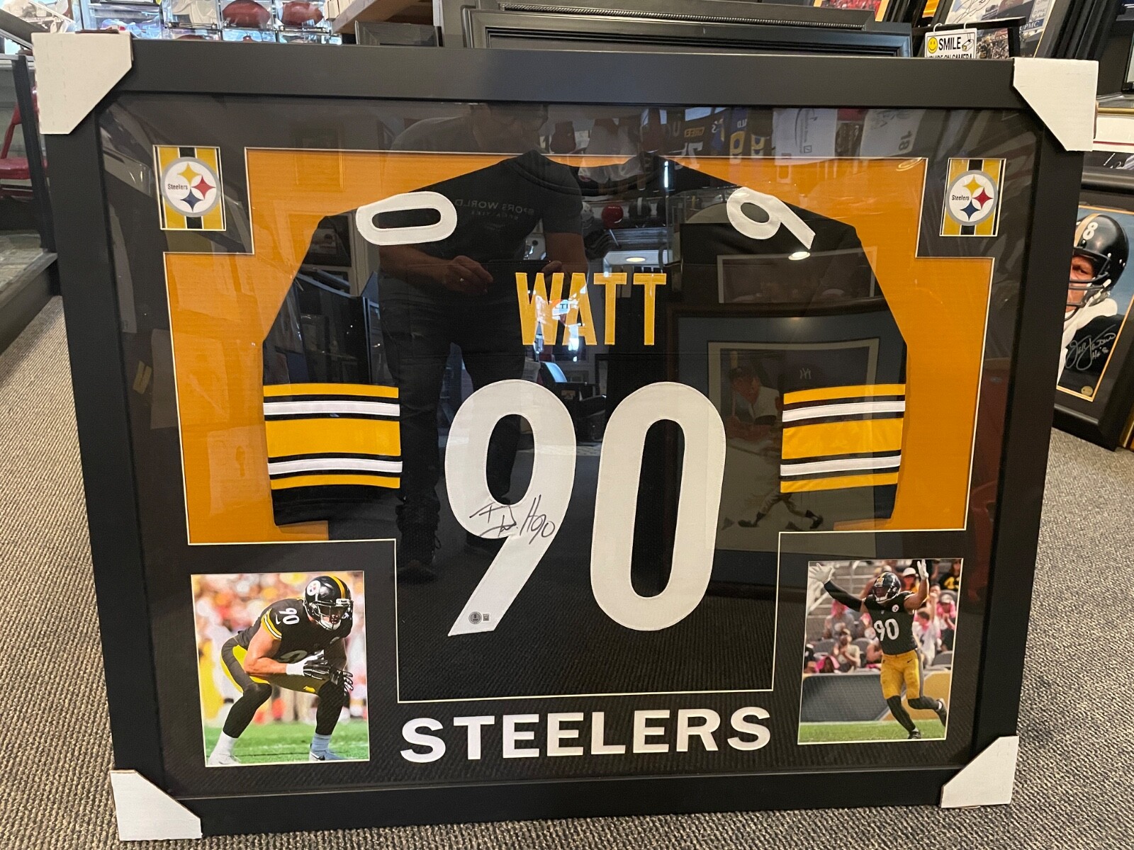 T.J. WATT PITTSBURGH STEELERS 36X44 NICELY FRAMED SIGNED JERSEY BECKETT WITNESS 